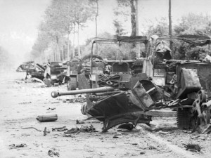 Destroyed vehicles of the 1st Rifle Brigade on the RN 175 towards Villers-Bocage