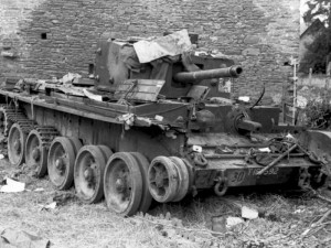 The knocked-out Cromwell belonging to Lt. Cloudsley-Thompson in June 1944