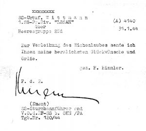 Himmler's greetings following the award of the Oakleaves, 31st January 1944