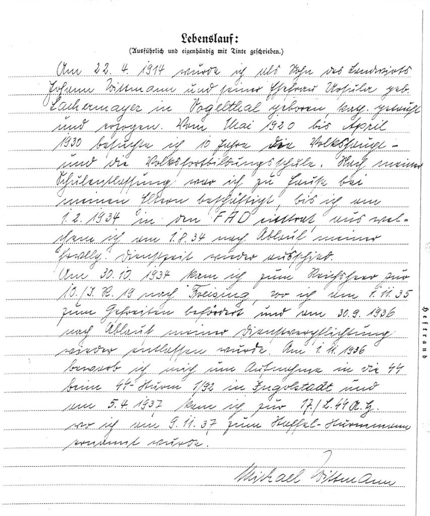 Michael Wittmann’s Lebenslauf, or Curriculum Vitae, handwritten in ink
