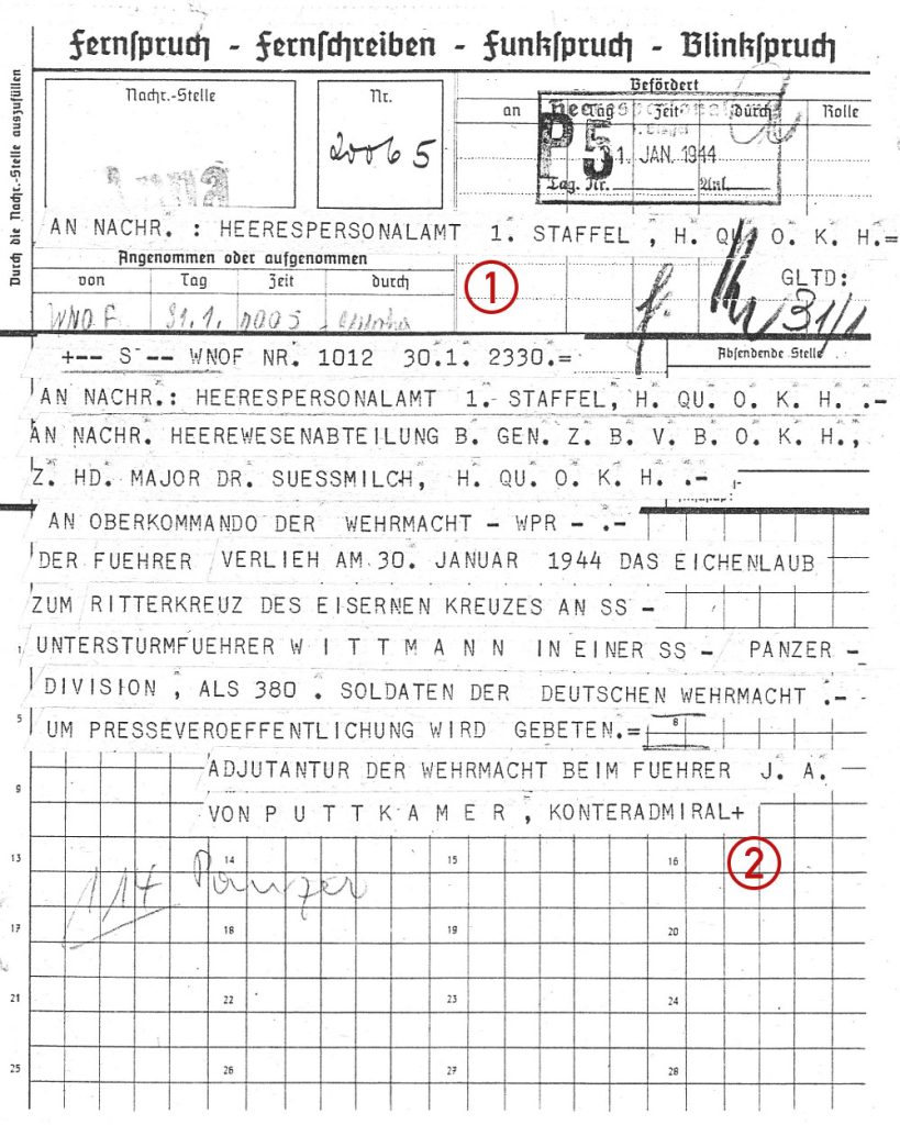 Telegram confirming the award of Michael Wittmann’s Oakleaves, 30th/31st January 1944