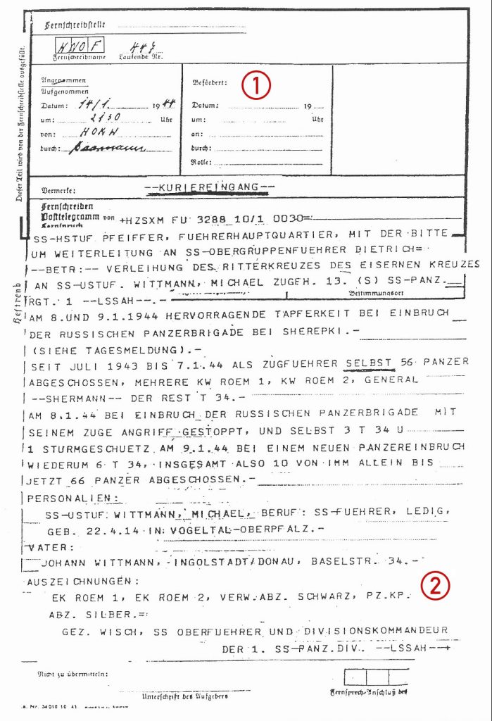 Telegram to Sepp Dietrich from SS-Oberführer Theodor Wisch, recommending Michael Wittmann for the Knight’s Cross, 14th January 1944