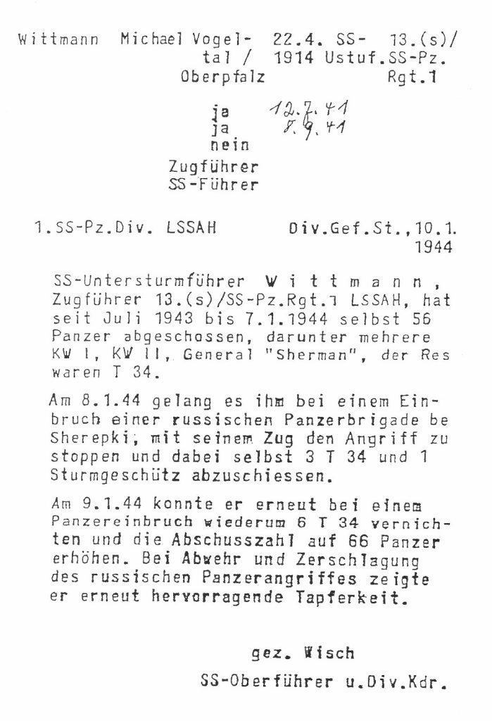 Copy of the typewritten letter recommending Michael Wittmann for the Knight’s Cross, signed by Divisional Commander SS-Oberführer Wisch