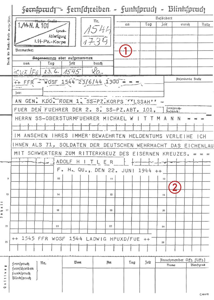 Personal telegram from Hitler confirming the award of Michael Wittmann’s Oakleaves with Swords, 23rd June 1944