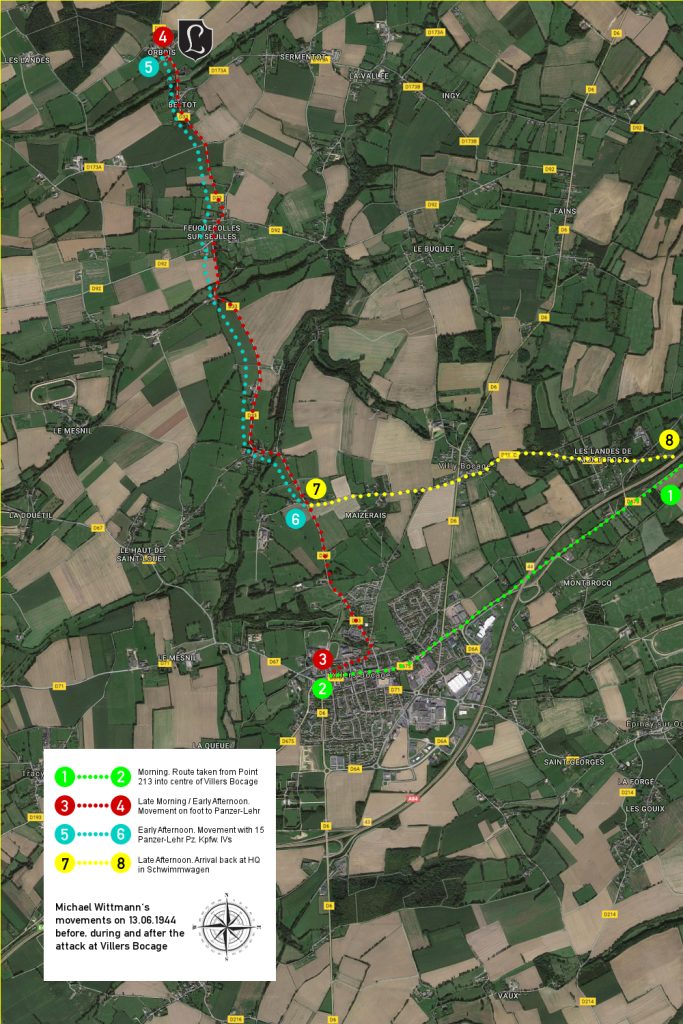 Annotated Route Map illustrating Michael Wittmann’s movement on the morning and afternoon of 13th June 1944.