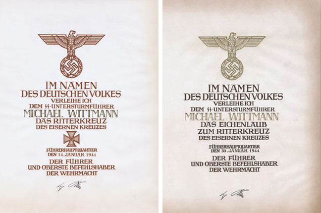 Wittmann’s certficates for the Ritterkreuz and Oakleaves