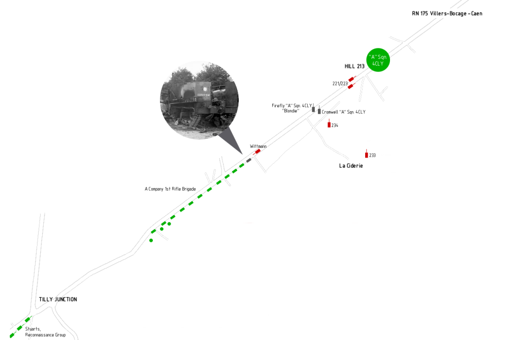Moving away from Hill 213, Wittmann encounters the 1st Rifle Brigade column.
