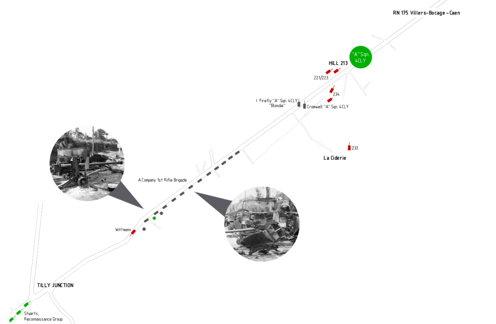 Leaving behind the wrecks of a dozen vehicles, Wittmann continues down the RN 175.