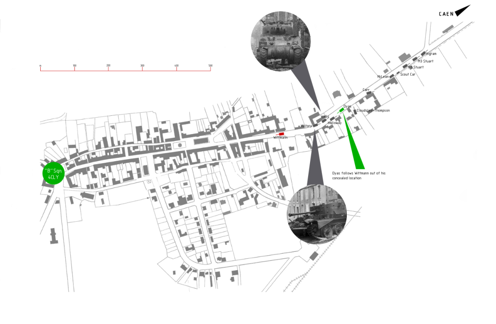 Wittmann continues towards the centre of town, and Dyas reemerges to attack.