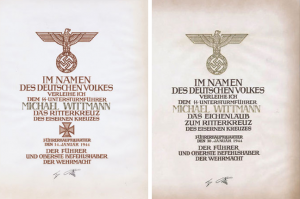 Wittmann's certficates for the Ritterkreuz and Oakleaves