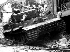 One of the Tigers of SS-Hstuf. Rolf Möbius's 1. Kompanie after the second assault on the town centre on the afternoon of 13th June