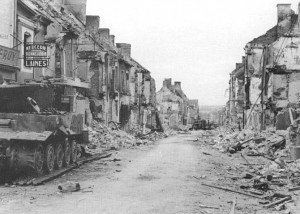 The same Tiger outside Huet-Godefroy a few hours later on 13th June. Note how the hull has been and damaged and the tracks have been destroyed